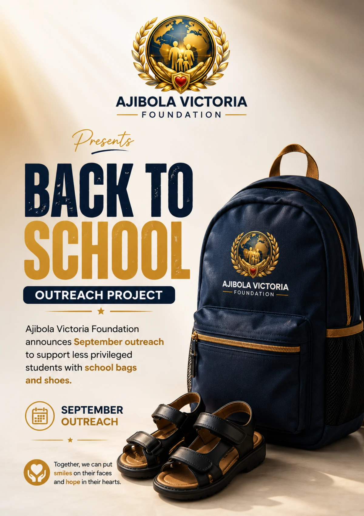 Ajibola Victoria Foundation announces September outreach to support less privileged students with school bags and shoes